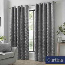 Curtains Pair Kendal Geometric Jacquard Woven Eyelet Curtina Charcoal