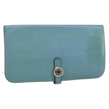 HERMES Dogon Long Wallet Leather Light Blue Silver Auth am9479