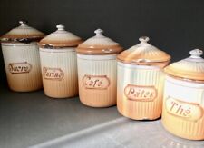 Art Deco French Enamel Storage Jars Set 5, Brown Tab Decorative Shabby Chic Vint