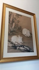 Chinese rabbit picture in gilt frame signed with monogram lovely picture