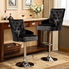 Crushed Black Velvet Upholstered Breakfast Bar Stool Chrome Lion Knocker &Button