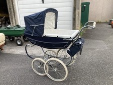 1980s Vintage Silver Cross Dolls Pram Navy Blue with Bag and Under Tray