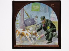 Glass Magic Lantern Slide - Hand Coloured - NWR Railway Porter Giving Dog Water