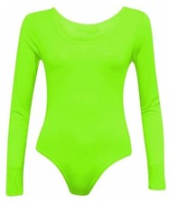 NEW WOMENS LADIES LONG SLEEVE PLAIN ROUND NECK BODYSUIT LEOTARD  TOP