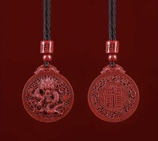 Chinese Red Dragon Zodiac Cinnabar Stone Pendant Lucky Charm Amulet Necklace
