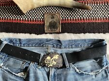 Levi's Vintage Leather Belt 31"- 36" Rodeo Las Vegas Metal Buckle Bucking Bronco