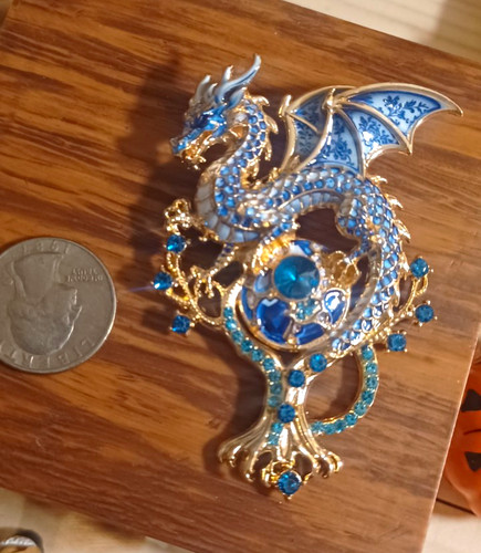 Blue enamel dragon brooch pin - dragon,