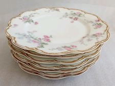 SET 7 ANTIQUE HAVILAND DOUBLE GOLD PINK ROSE SCHLEIGER 261 PATTERN DINNER PLATES