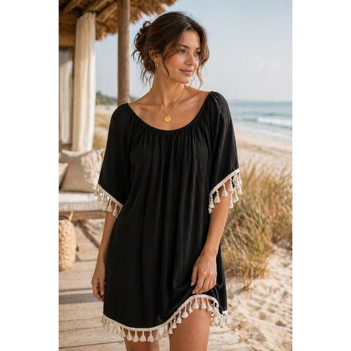 Black bead off shoulder - bead, tassel