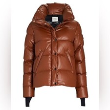 SAM. Isabel Vegan Down Puffer Jacket Faux Leather Stowaway Hood Saddle Brown S