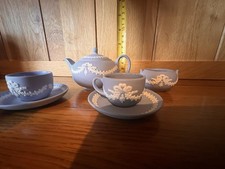 Miniature Blue Jasper Wedgwood Tea Service Teapot, sugar ,milk, 2 Cups & Saucers