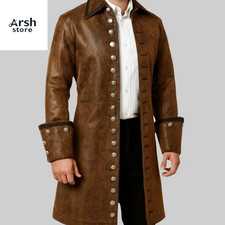 Vintage Brown Leather Long Coat Steampunk Pirate Colonial Jacket Cosplay Costume