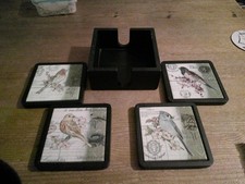Wooden 4 Bird Tile Coasters in Case