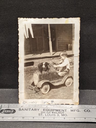 Boy peddle car dog riding - boy,