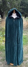 Quad Vintage 70s Green Cotton Velvet Cape. Hand Holes, Hood. OSFA