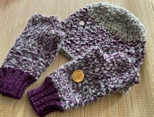  Crochet Cashmerino ladies Purple/grey Beanie Hat & Fingerless Gloves set new! M
