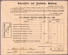 QV 1896 LANCASHIRE & YORKSHIRE RAILWAY STATEMENT OF DIVIDEND ON STOCKS HELD
