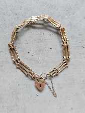 9ct Yellow Gold Heart Padlock 3-Bar Gate Link Bracelet | Marked ASJ