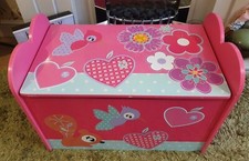 CHILDREN’S WOODEN PINK WOODLAND THEMED TOYBOX TOY BOX BENCH SEAT 63 X 36 X 45