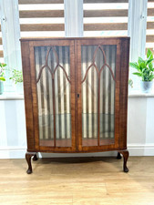 Vintage Walnut Bow-Fronted Display Cabinet with 2 Glass Shelves