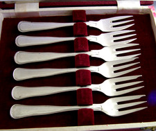 130g CASED SET of SIX DANISH SOLID SILVER CAKE PASTRY FORKS 1931 ART DECO