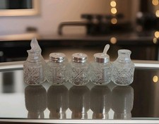 Vintage 5-Piece Chrome and Glass Cruet Set Salt Pepper Mustard Vinegar Pots