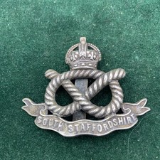 South Staffordshire Regiment Vintage Cap Badge King's Crown White Metal