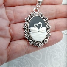 Cameo Necklace Kissing Swans on 24" Silver tone Black White vintage Style birds