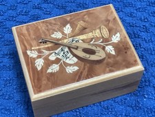 Italian Marquetry Wooden Jewellery Box –Inlaid Lute & Music Design, Velvet Lined