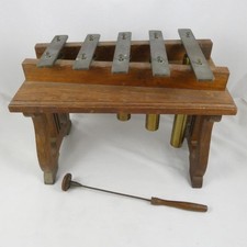 Glockenspiel Xylophone Brass and Oak Mounted Wooden Stand Vintage Dinner Gong