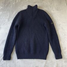 Barbour Mens Chunky Knit 1/4 Zip Shetland Wool Fisherman Jumper Blue Size M