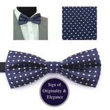 Professional Men's Knotted Dark Navy Blue Elegant White Polka Dots Suit Bow Ties
