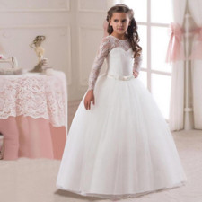 Wedding Party Flower Girls Long Dress Holy Communion Lace Princess Pageant Gown