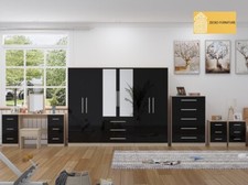 Large 6 Door Full Bedroom Set Black -Wardrobe, Chest, 2 Bedside & Dressing Table