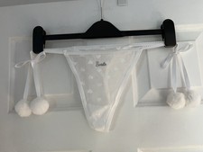  Bride To Be/Hen Do Sexy Cute White Sheer Thong With Side Ties And Pom Poms