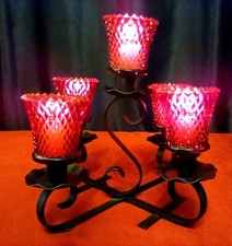  VINTAGE MCM BLACK METAL CANDELABRA 5 ARM CANDLE HOLDER RED GLASS CENTERPIECE