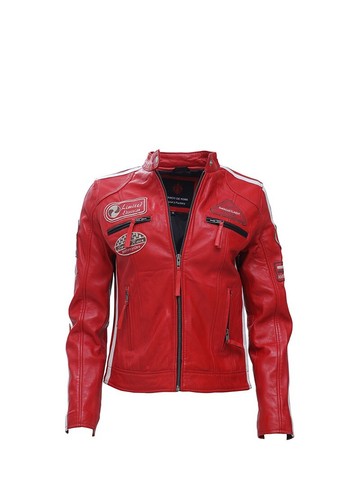 Women red leather biker - leather,