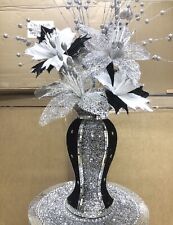 ROMANY BLING BLACK SILVER VASE WITH FLOWERS MOSAIC CRUSHED DIAMONDS 30cms