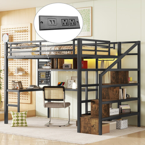Black metal loft bed with - loft, desk