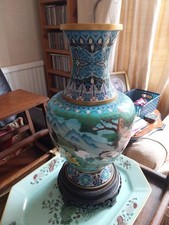 A Large Oriental Cloisonne Vase On Wooden Stand Depicting Birds Flowers And...