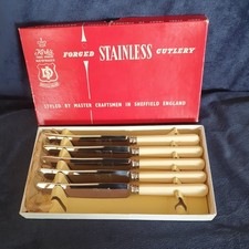 5x Kirks Sheffield Vintage Newmark Monogram Stainless Steel Table Knives Boxed