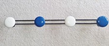 Vintage Wall Mounted Atomic Four Hook Metal Coat Rack, Blue & White Mid-Century 