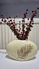 Mid Century Modern Oval Flat Ceramic Vase With Artificial Red Berry Stems Flower