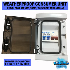 CONSUMER UNIT 6A + 16A MCB 100A ISOLATOR 2 WAY WEATHERPROOF GARAGE SHED CARAVAN