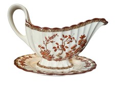 Spode Copeland Indian Tree Gravy Boat With Attached Plate Vtg Fall Thanksgiving