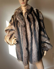 Vtg Real Raccoon Fur Coat XS/S Lined Mobwife Striped 29" Long Shawl Collar