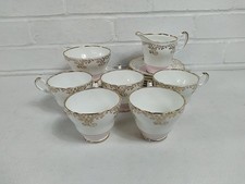 Vintage Regency Tea Set English Bone China White & Gold With Pink Band 18 Pieces