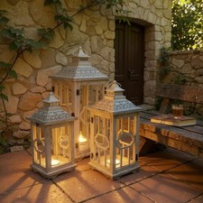 Antique Style White Wood &Glass Set of 3 Large Garden Lantern Indoor Outdoor
