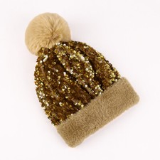 Lady Warm Sequin Beanie Bobble Pom Pom Hat Winter Ski Faux Fur Cute Thick Casual