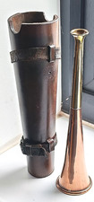 ANTIQUE HUNTING HORN ENGRAVED 'B' COPPER & BRASS LEATHER CASE c.1910
